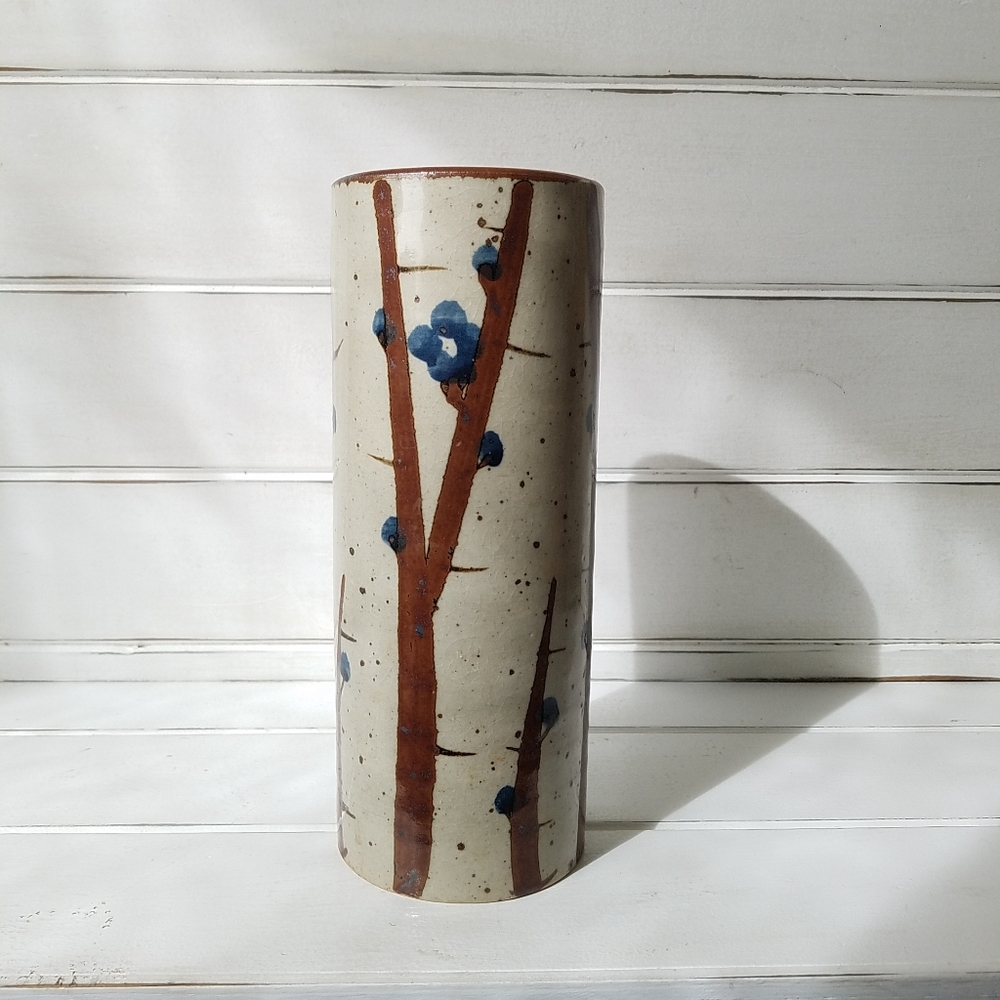 JAPANESE STONEWARE Cylindrical Vase Vintage Rustic